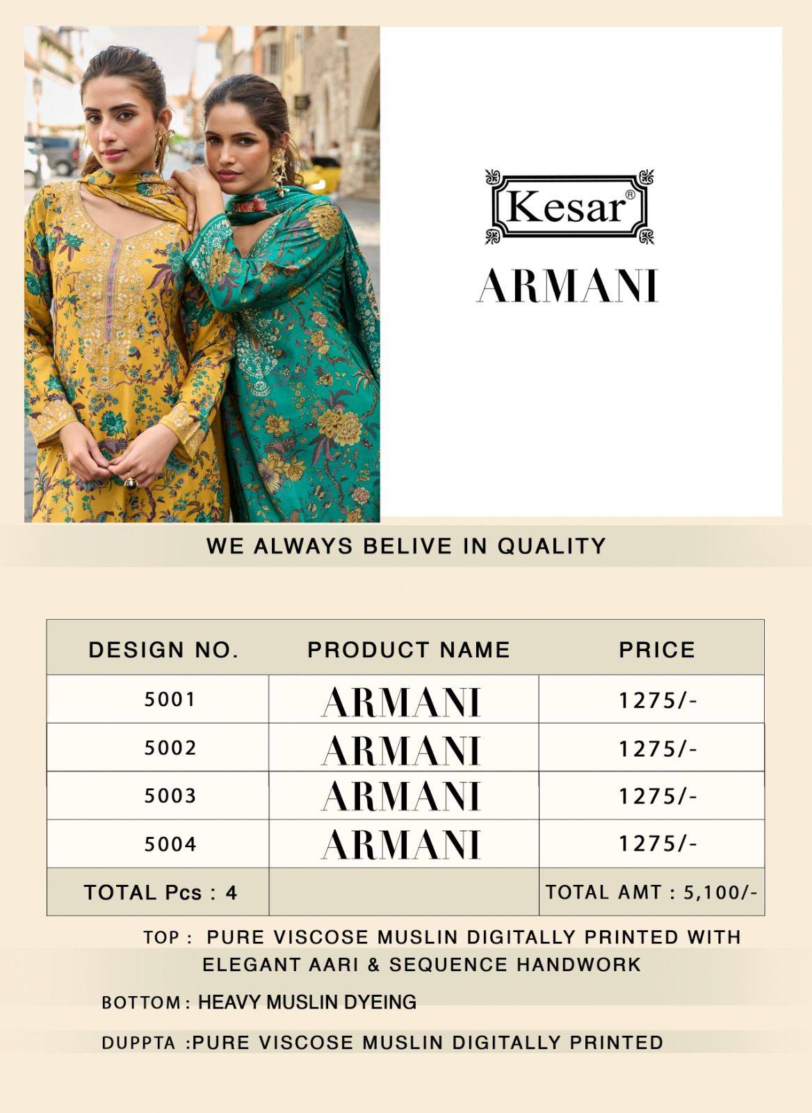 ARMANI by KESAR KARACHI 5001 to 5004 series pure viscose muslin dresses at Wholesale Price